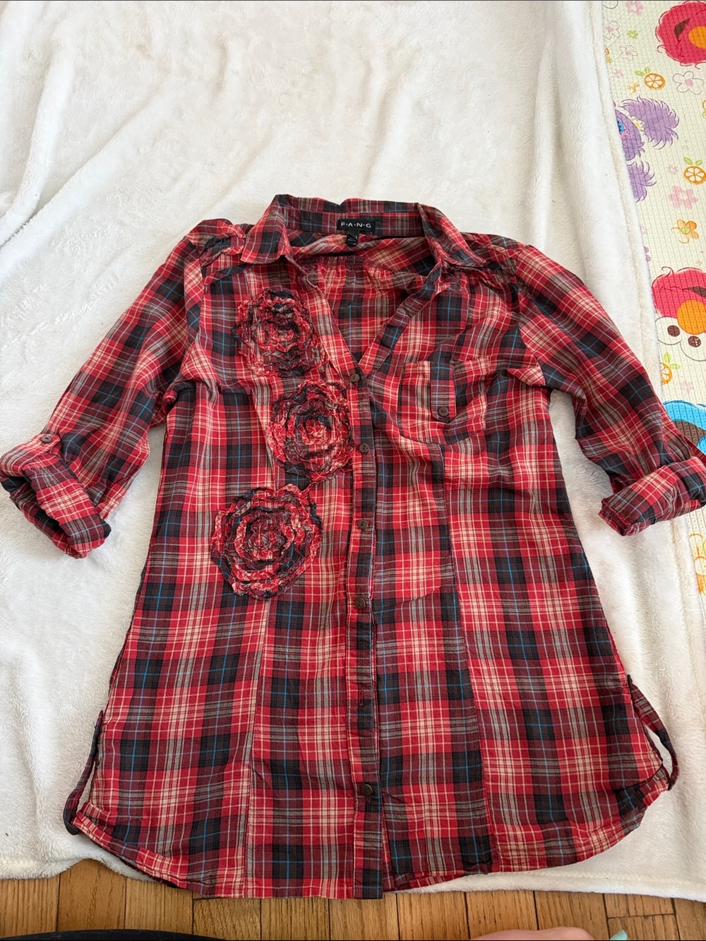 FANG Red and Black Plaid Button-Down Shirt with Floral Appliqués